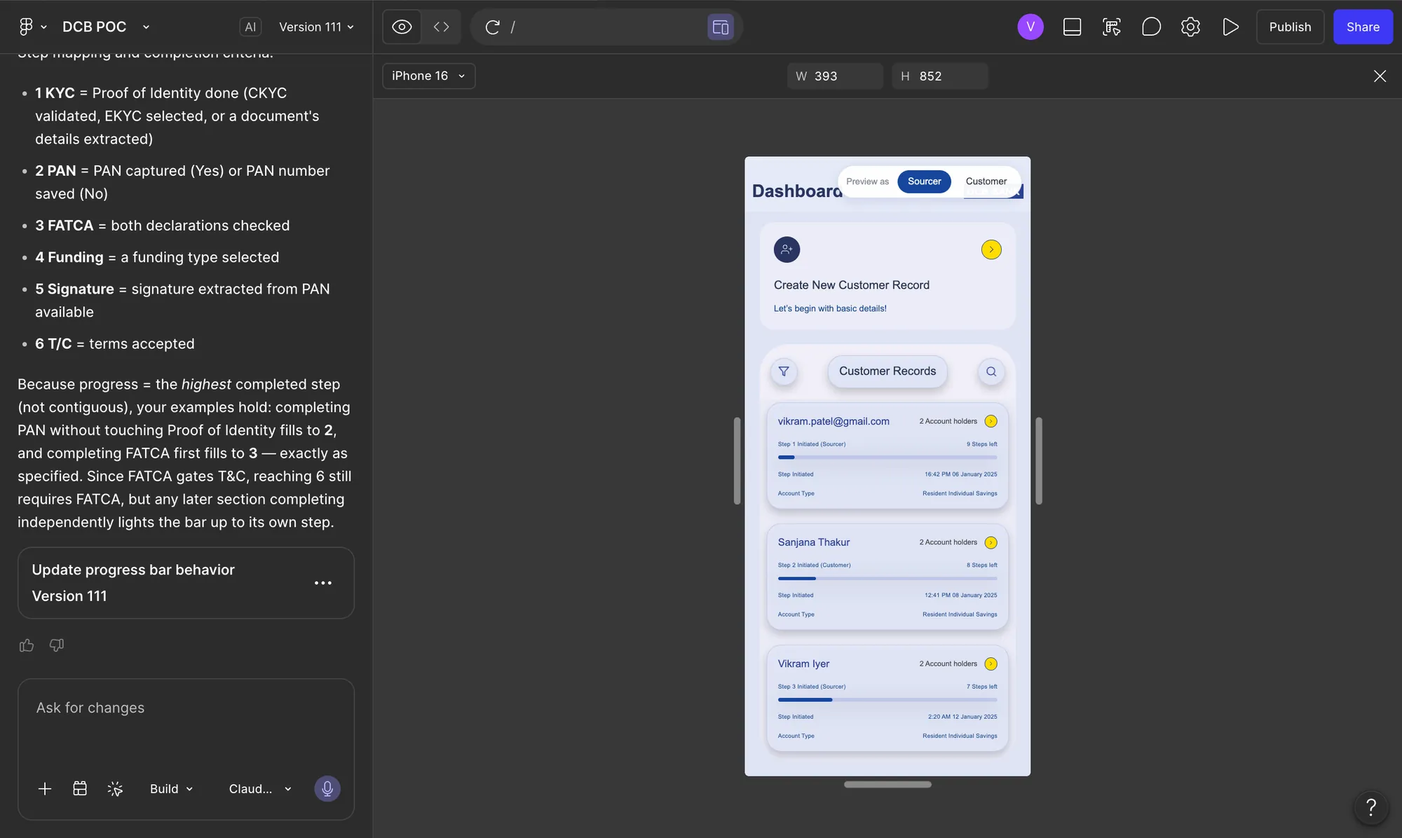 Figma Make generating the DCB onboarding front-end from the design, with a live phone preview