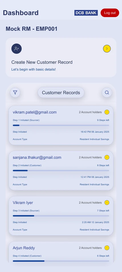 Customer dashboard listing trust accounts in progress and past customers