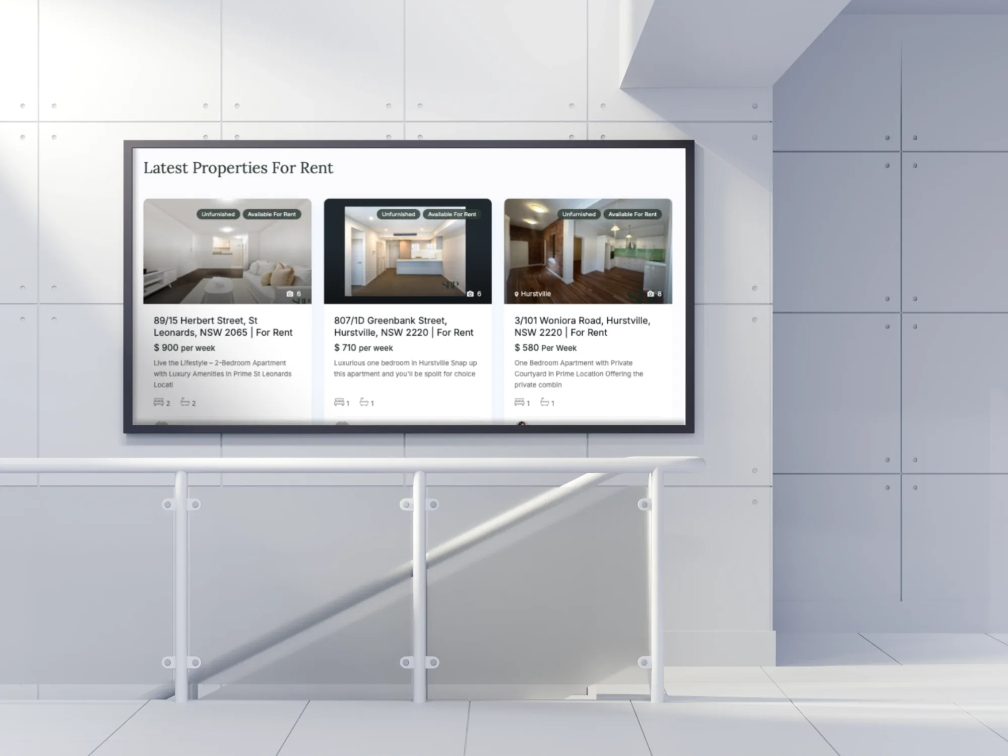 The SBP Realty listings page shown on a laptop, with properties for rent and for sale