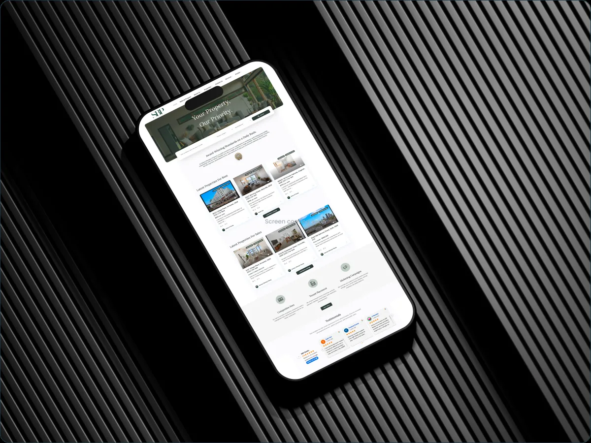 The SBP Realty homepage on a phone, showing latest properties for rent and for sale