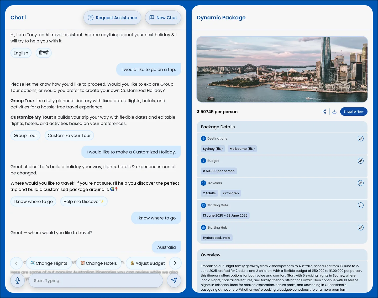 Tacy chat conversation beside a dynamic package pane with destinations, budget and itinerary details