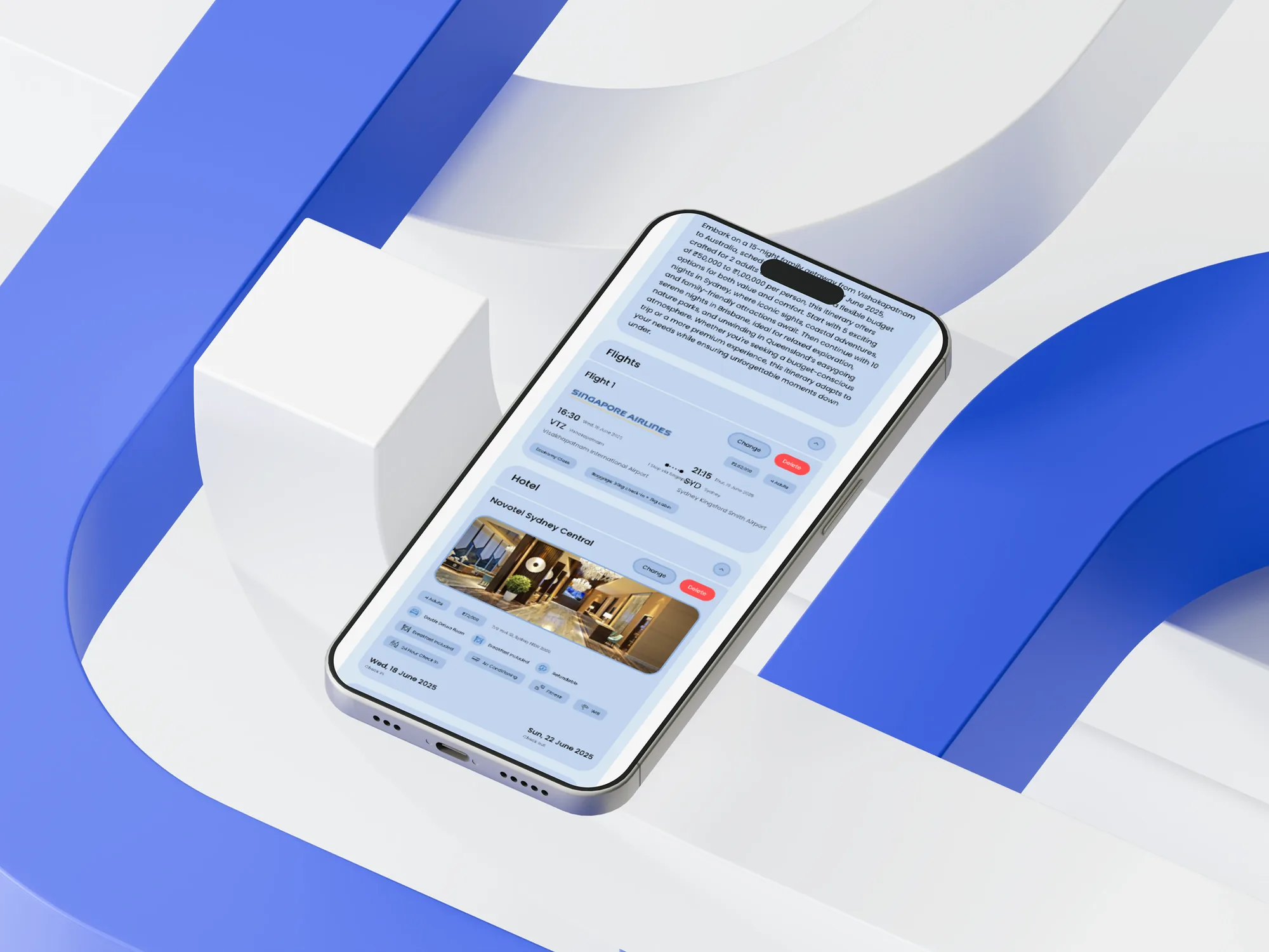 Mobile view of a dynamic package itinerary with flight and hotel blocks, each editable or removable
