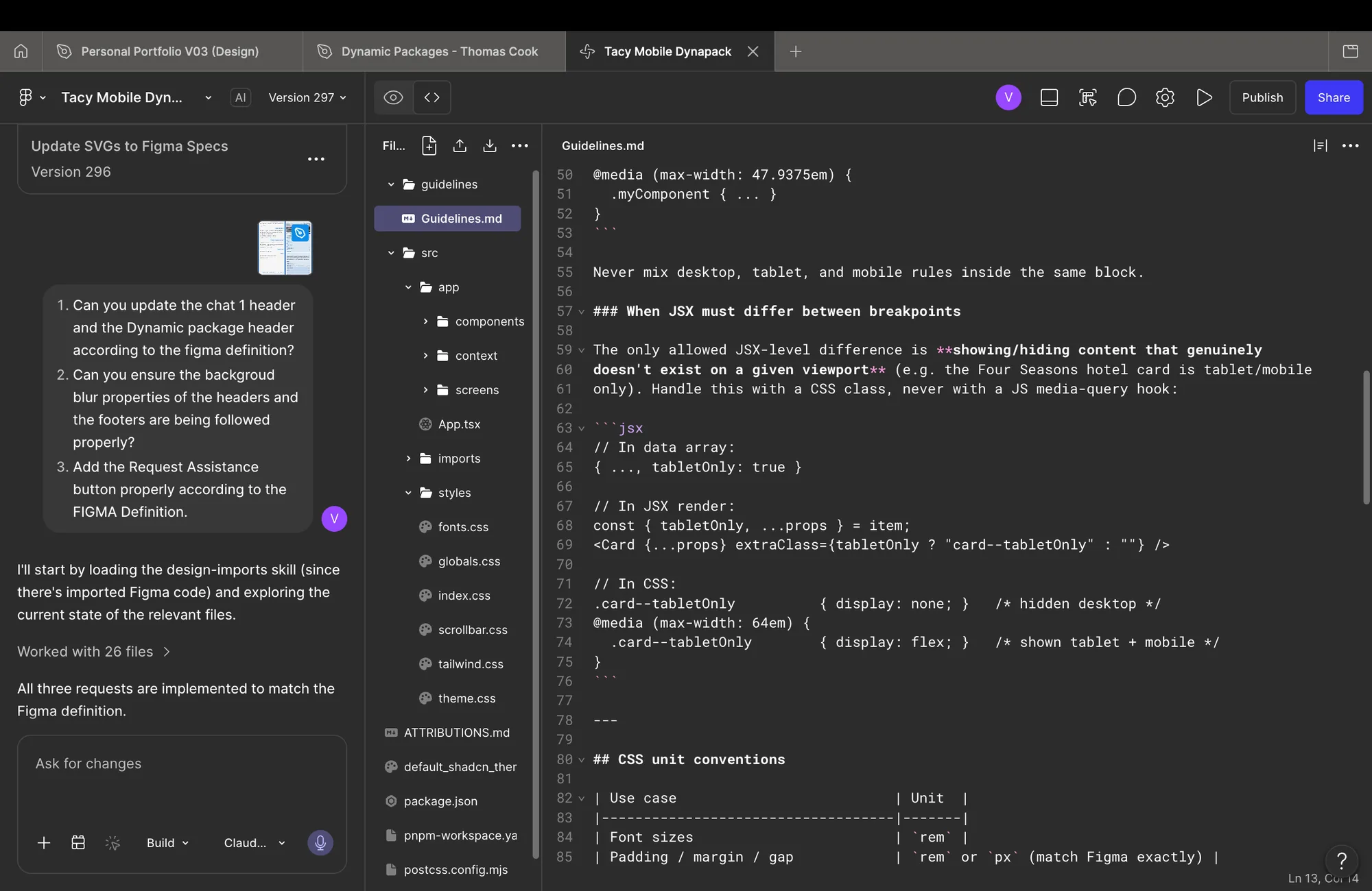 The Figma Make workspace with the validated project guidelines and generated React source
